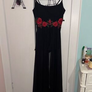 Black Romper Dress with Red Floral Embroidery